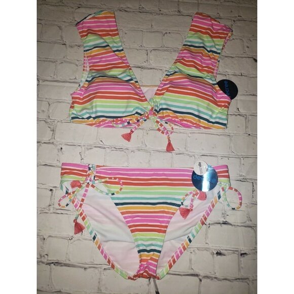 Nwt Decree Women's Multi-Color Stripe Bikini With Tassels - Picture 1 of 2